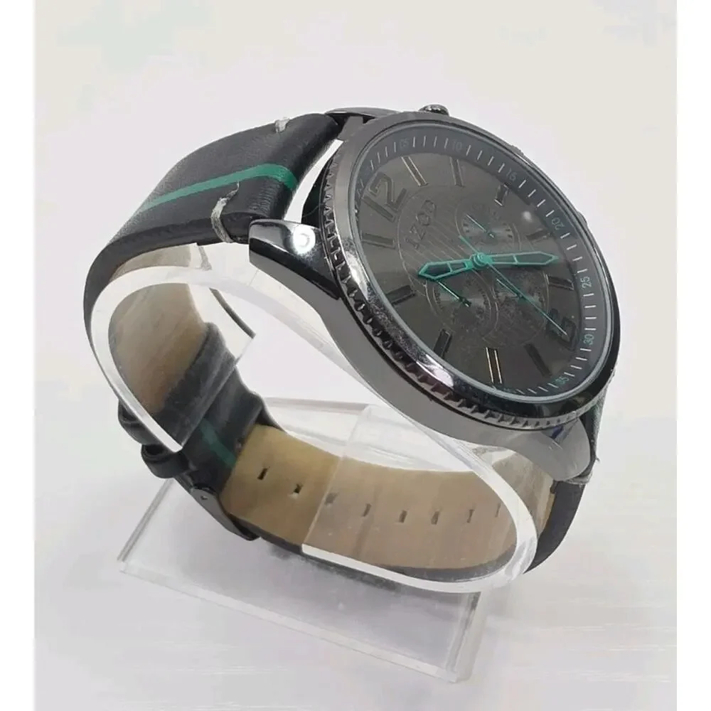 Mens Izod Watch Round Black Dial Black & Green Faux Leather Band New Battery 269